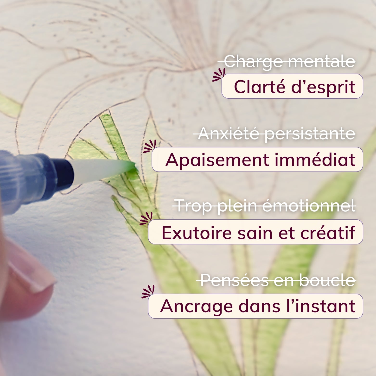 Les bienfaits de l'aquarelle créative Clarodery : clarté d'esprit, apaisement, exutoire sain et ancrage dans l'instant.