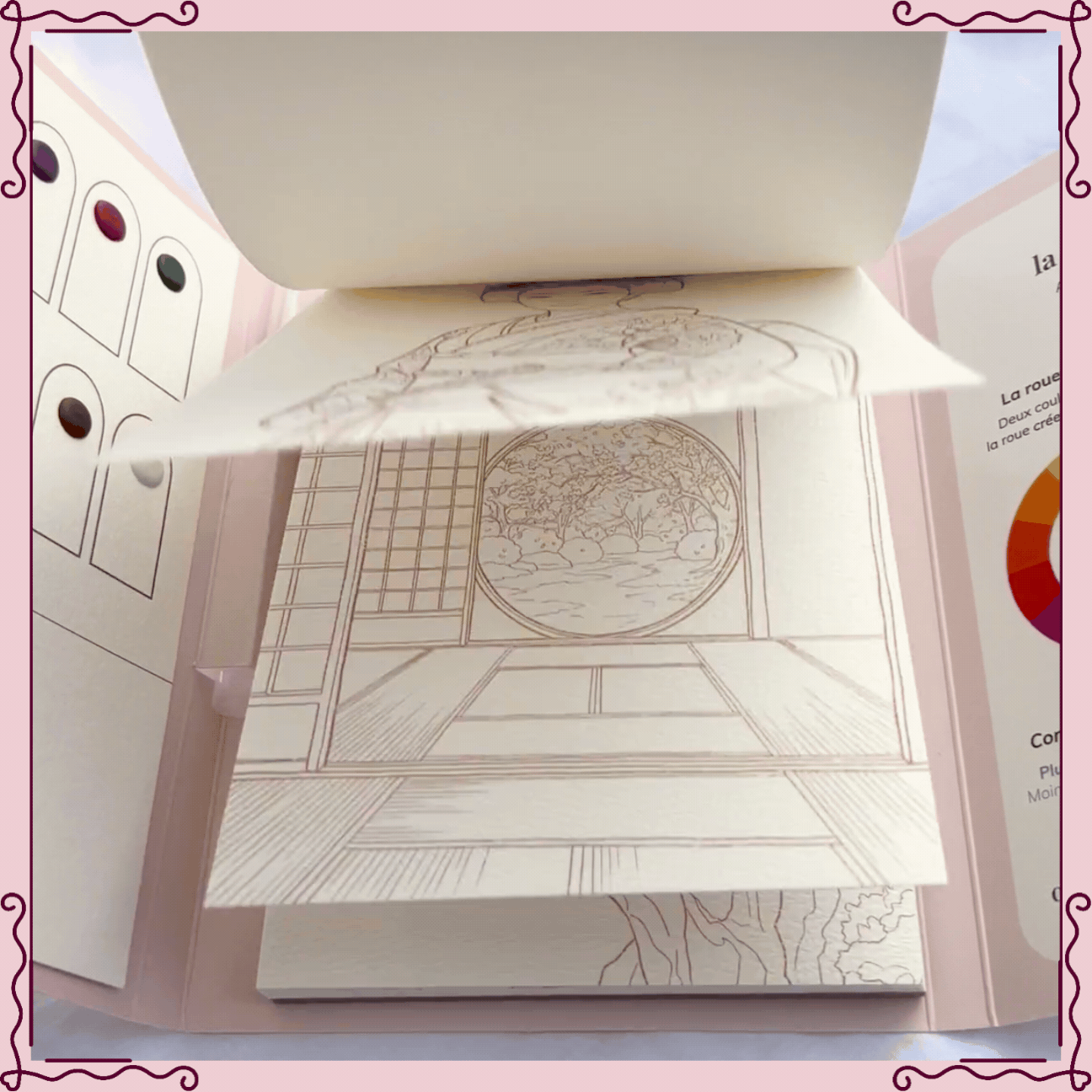 16 pages pré-dessinées sur papier aquarelle 300g du kit Japon Clarodery, défilement des illustrations à peindre.