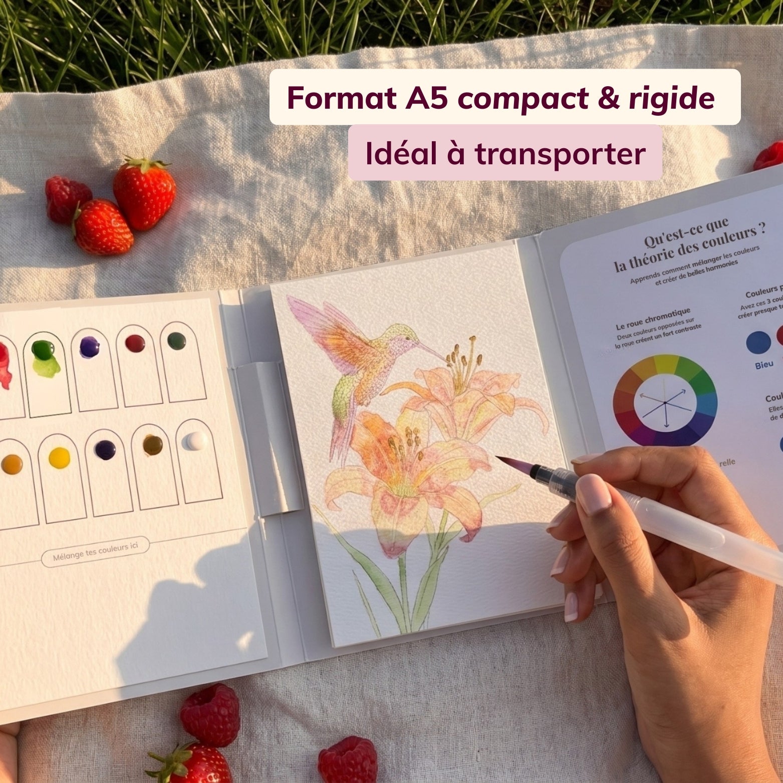 Kit aquarelle nomade Clarodery format A5 rigide, idéal à transporter, ouvert sur un dessin de colibri.