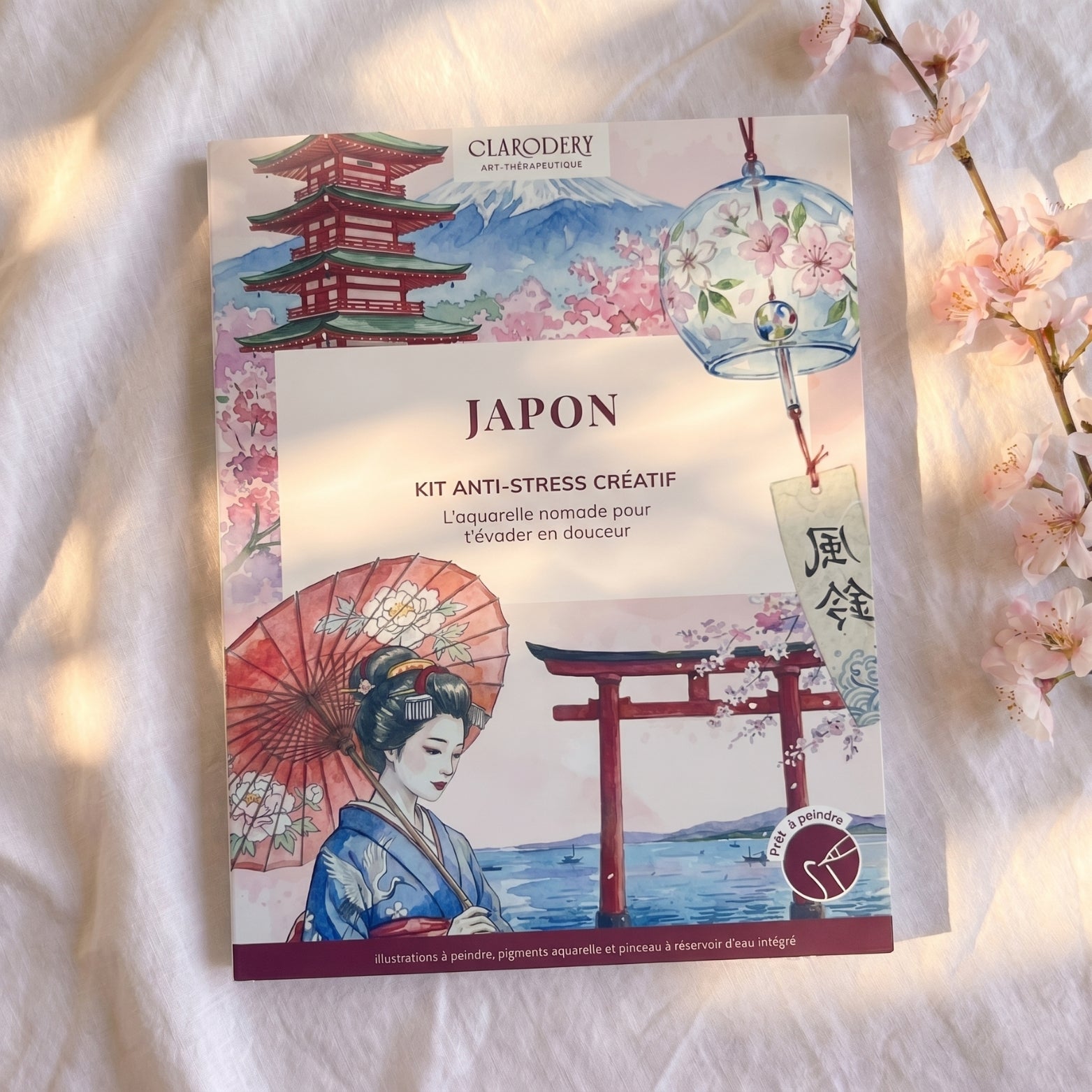 Kit anti-stress créatif Japon de Clarodery, illustré de pagode, mont Fuji et geisha, sur tissu avec fleurs de cerisier.